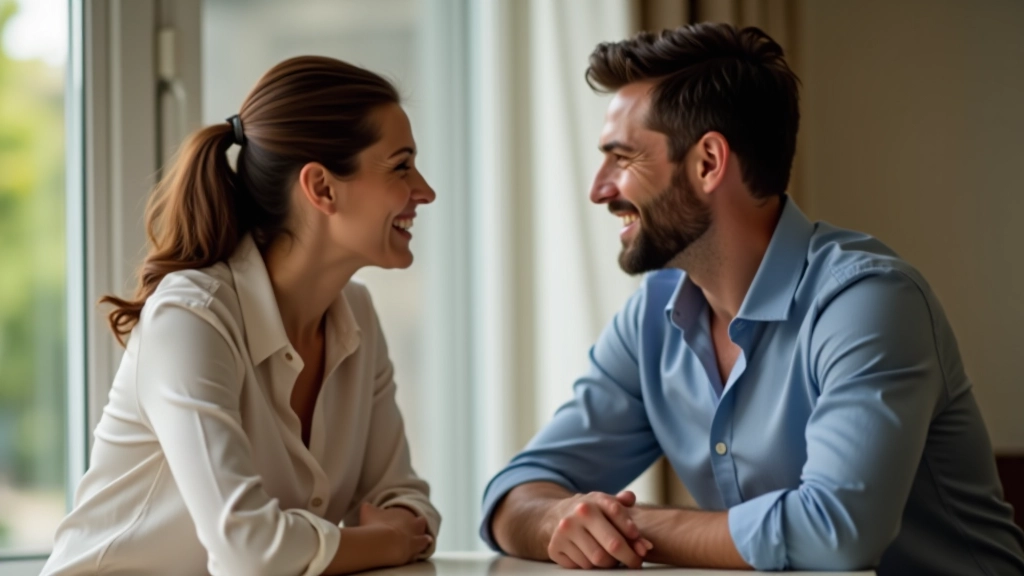 Coppia che si guarda negli occhi con espressioni di intesa e rispetto reciproco durante conversazione serena