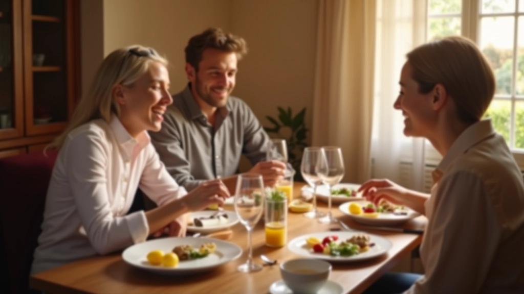 Famiglia italiana riunita intorno a tavolo da pranzo, conversazione animata con espressioni genuine, luce naturale, atmosfera calda