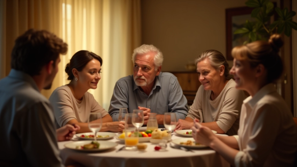 Riunione familiare italiana con più generazioni che discutono attorno al tavolo, espressioni concentrate, luce naturale calda