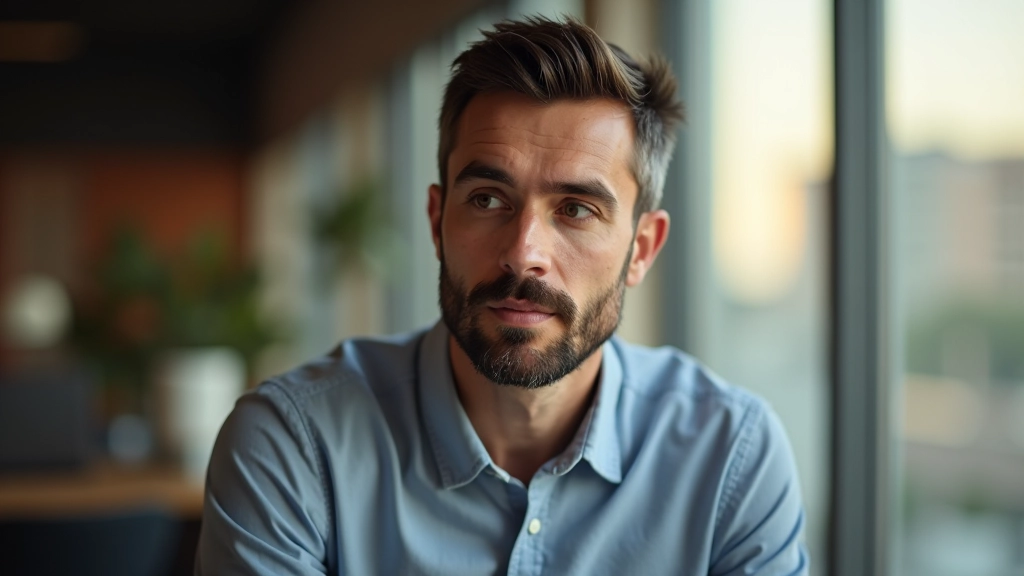 Uomo in ascolto attivo durante conversazione, con contatto visivo e espressione concentrata e interessata