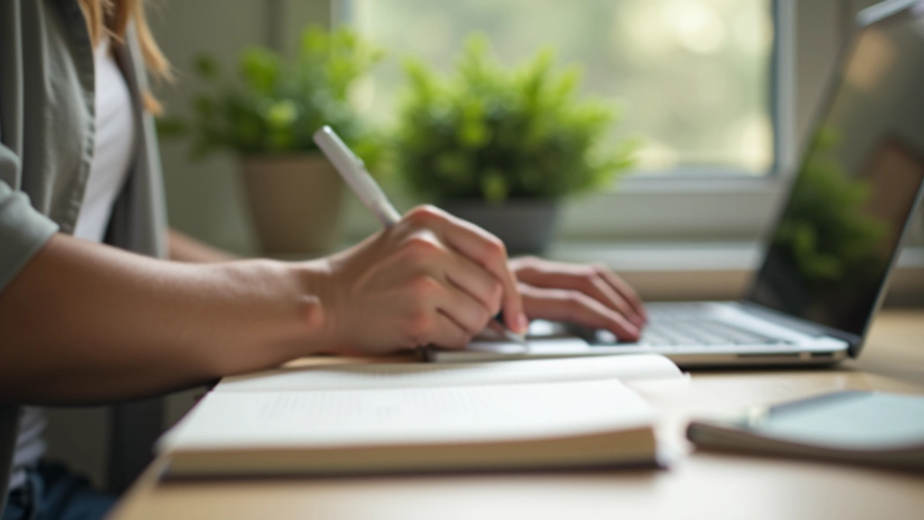 Persona che scrive in diario personale con penna stilografica, scrivania ordinata con piante, luce diffusa, ambiente calmo