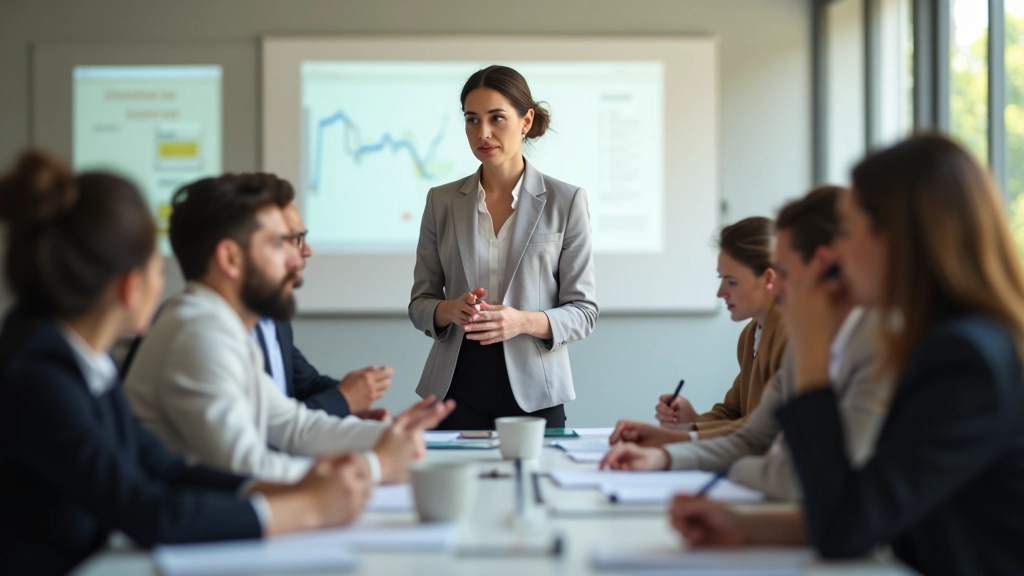 Persona che presenta idee durante riunione di lavoro, conferenza table con colleghi ascoltando, luce naturale