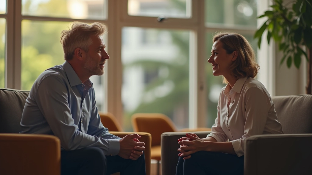 Due persone in conversazione serena con linguaggio del corpo aperto e rispettoso in ambiente neutro