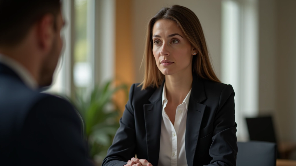 Due professionisti in conversazione tranquilla in ufficio moderno, entrambi con postura aperta e contatto visivo, atmosfera di ascolto e rispetto reciproco