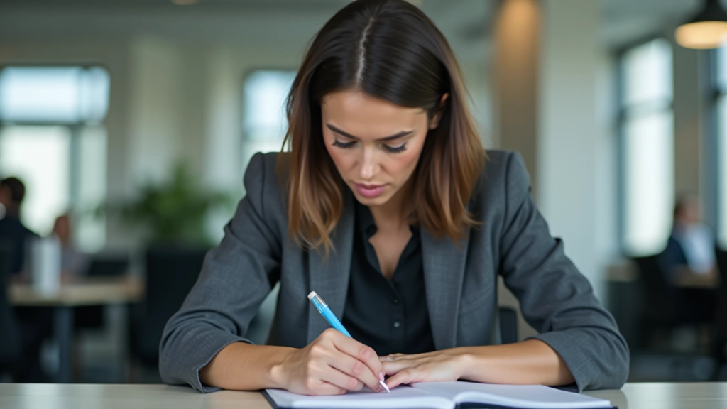 Persona che prende appunti durante una conversazione al tavolo di lavoro, con calma e concentrazione