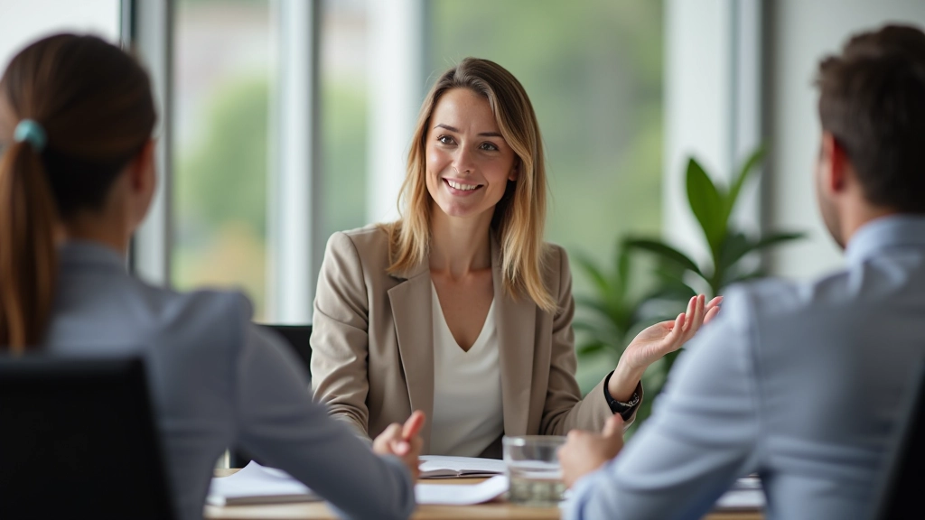 Donna professionista al tavolo riunioni che parla in modo calmo e sicuro durante una discussione di lavoro