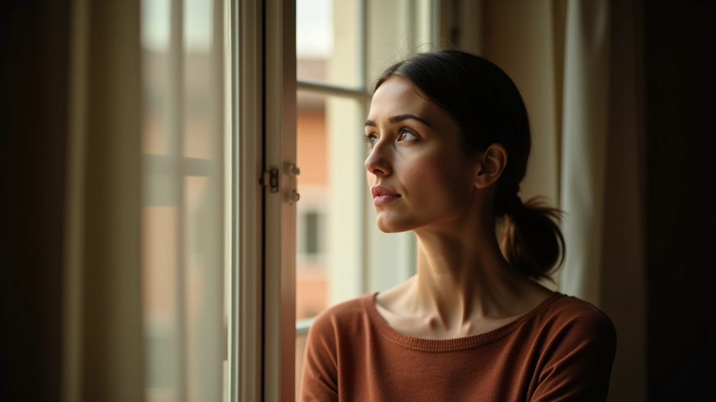 Donna che guarda dalla finestra con espressione pensierosa, ambiente domestico italiano, ritratto dalla spalla in su